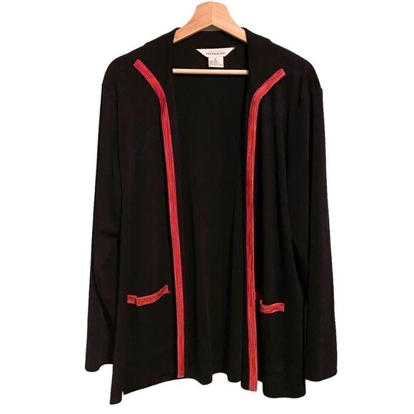 Exclusively Misook Black Knit Red Trim Open Front Cardigan in Size Large - Picture 1 of 6